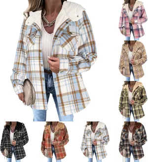 Womens Plaid Shacket Jacket Long Sleeve Button Down Fleece Hooded Jacket Warm Coat Casual Sherpa Fleece Lined Jacket
