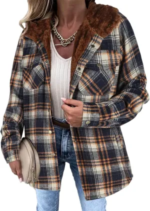 Womens Plaid Shacket Jacket Long Sleeve Button Down Fleece Hooded Jacket Warm Coat Casual Sherpa Fleece Lined Jacket