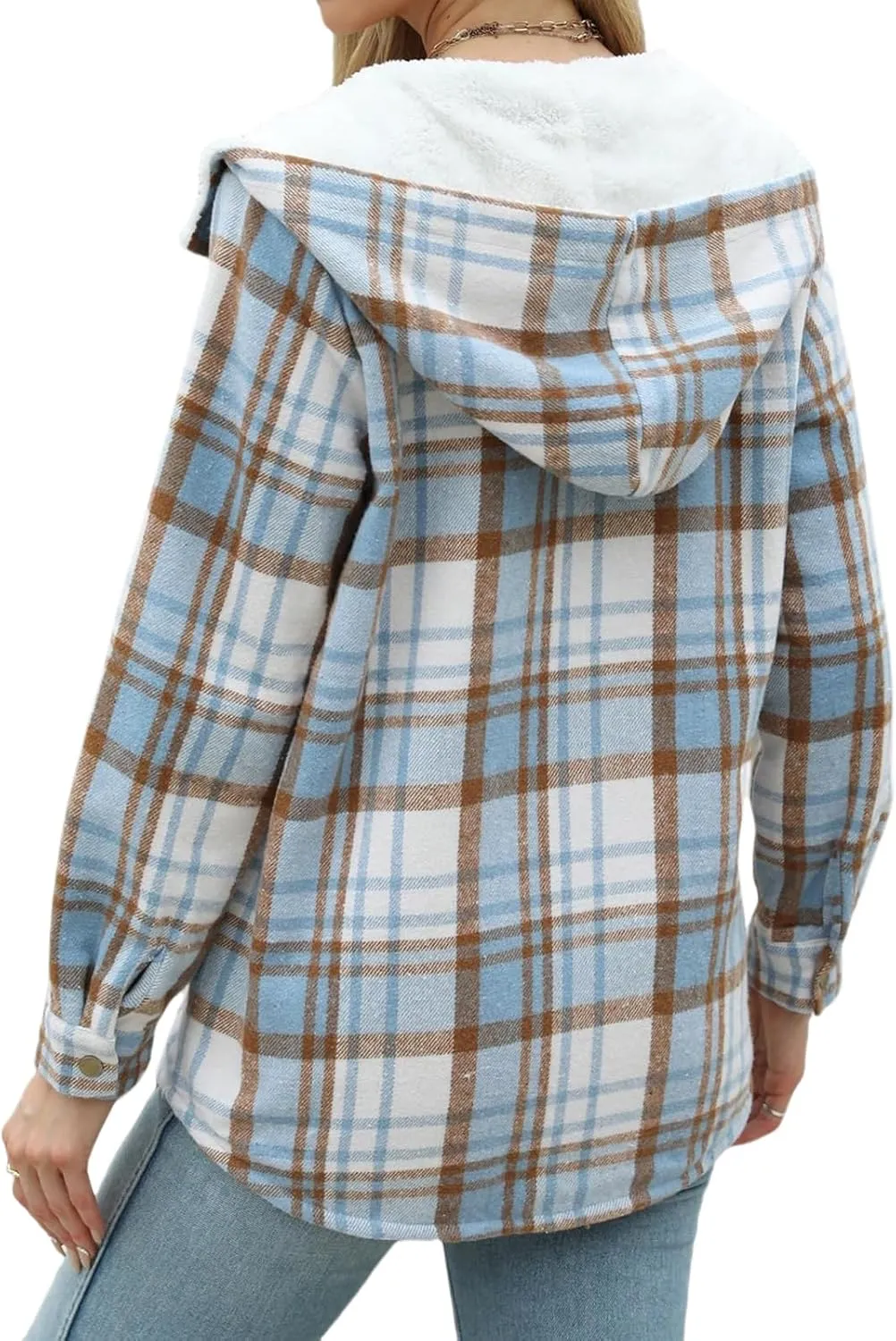 Womens Plaid Shacket Jacket Long Sleeve Button Down Fleece Hooded Jacket Warm Coat Casual Sherpa Fleece Lined Jacket