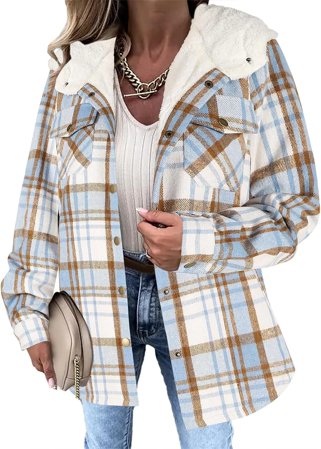 Womens Plaid Shacket Jacket Long Sleeve Button Down Fleece Hooded Jacket Warm Coat Casual Sherpa Fleece Lined Jacket
