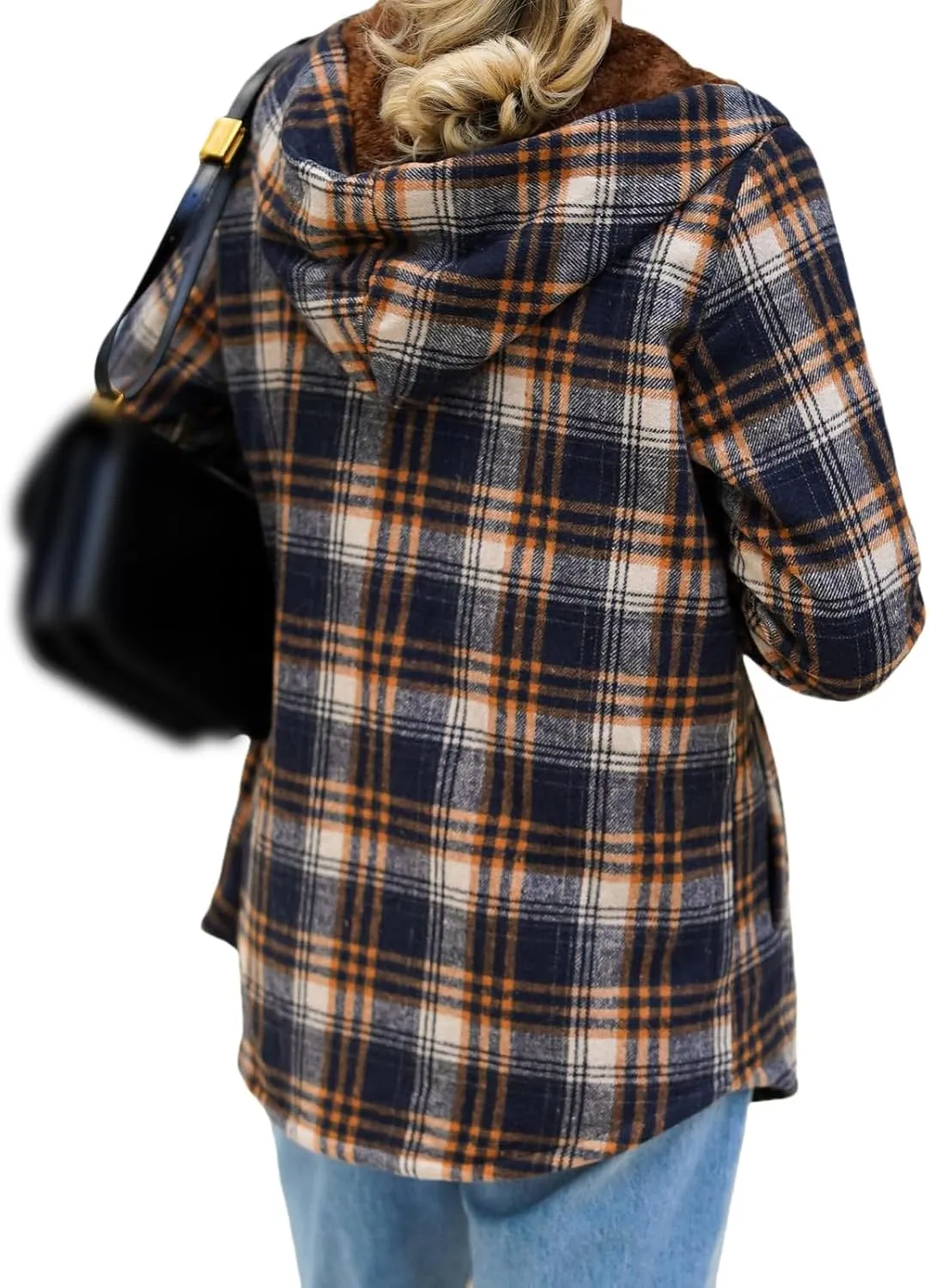 Womens Plaid Shacket Jacket Long Sleeve Button Down Fleece Hooded Jacket Warm Coat Casual Sherpa Fleece Lined Jacket