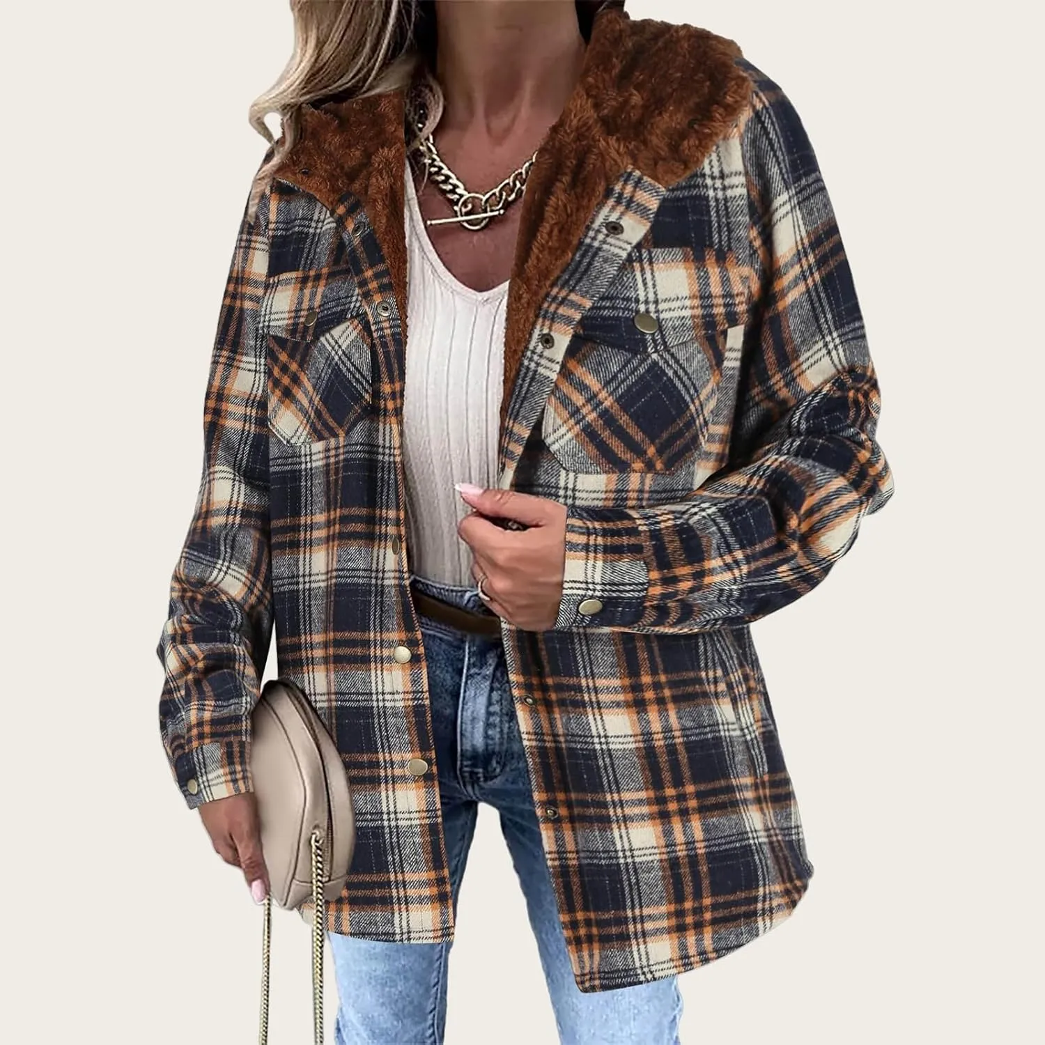 Womens Plaid Shacket Jacket Long Sleeve Button Down Fleece Hooded Jacket Warm Coat Casual Sherpa Fleece Lined Jacket
