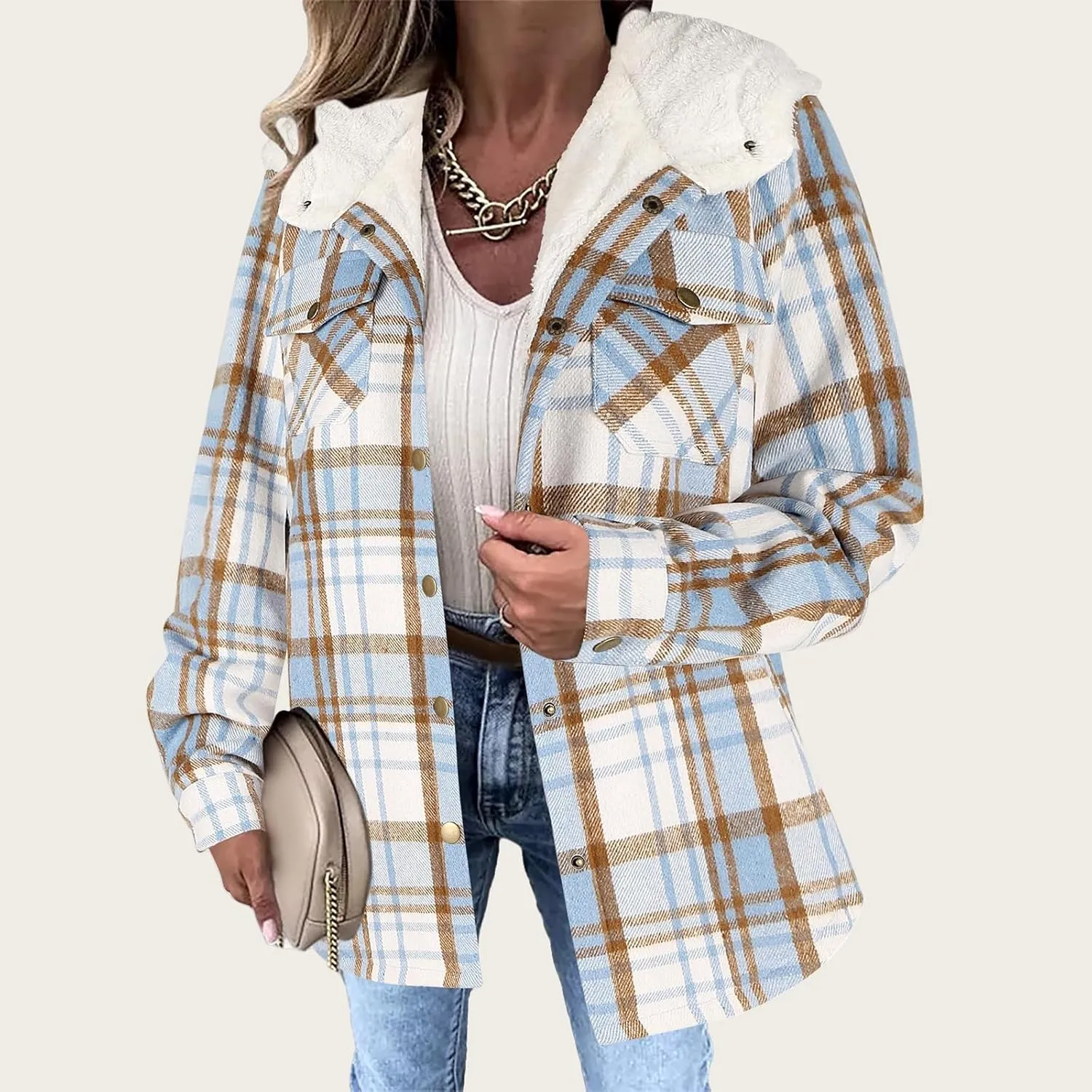 Womens Plaid Shacket Jacket Long Sleeve Button Down Fleece Hooded Jacket Warm Coat Casual Sherpa Fleece Lined Jacket