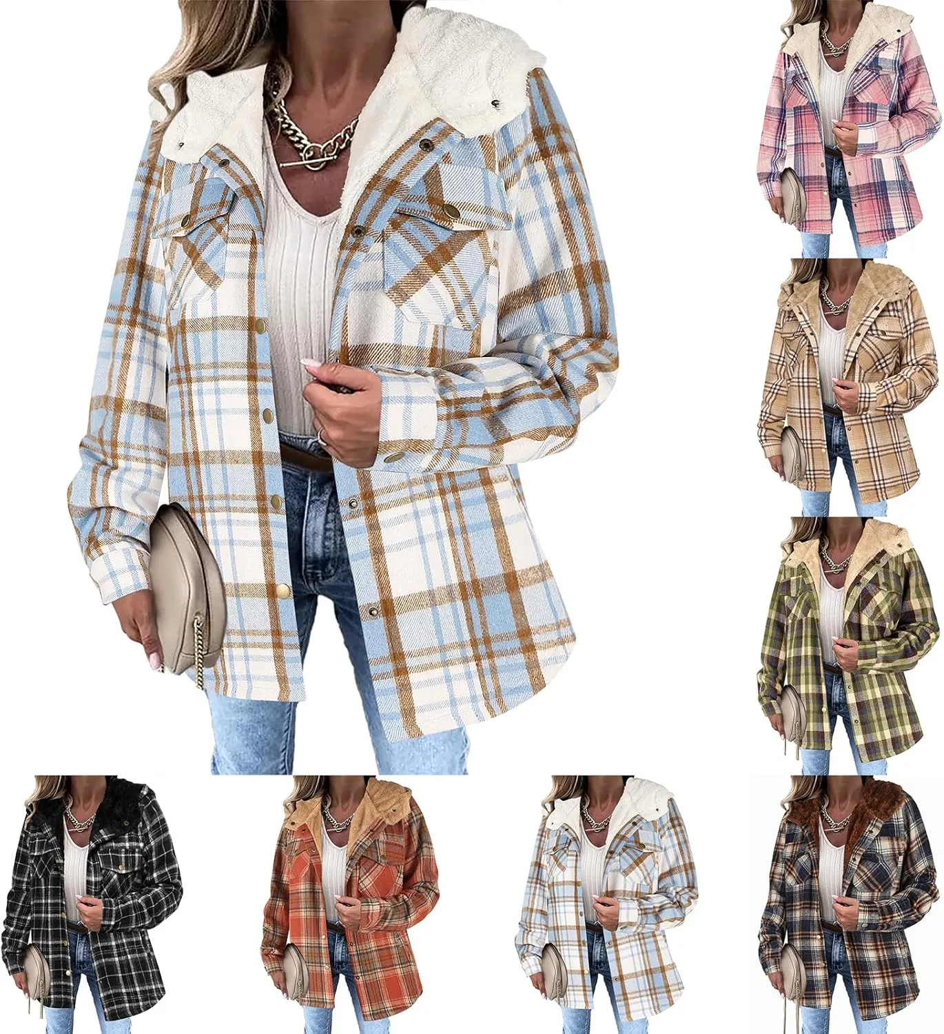 Womens Plaid Shacket Jacket Long Sleeve Button Down Fleece Hooded Jacket Warm Coat Casual Sherpa Fleece Lined Jacket