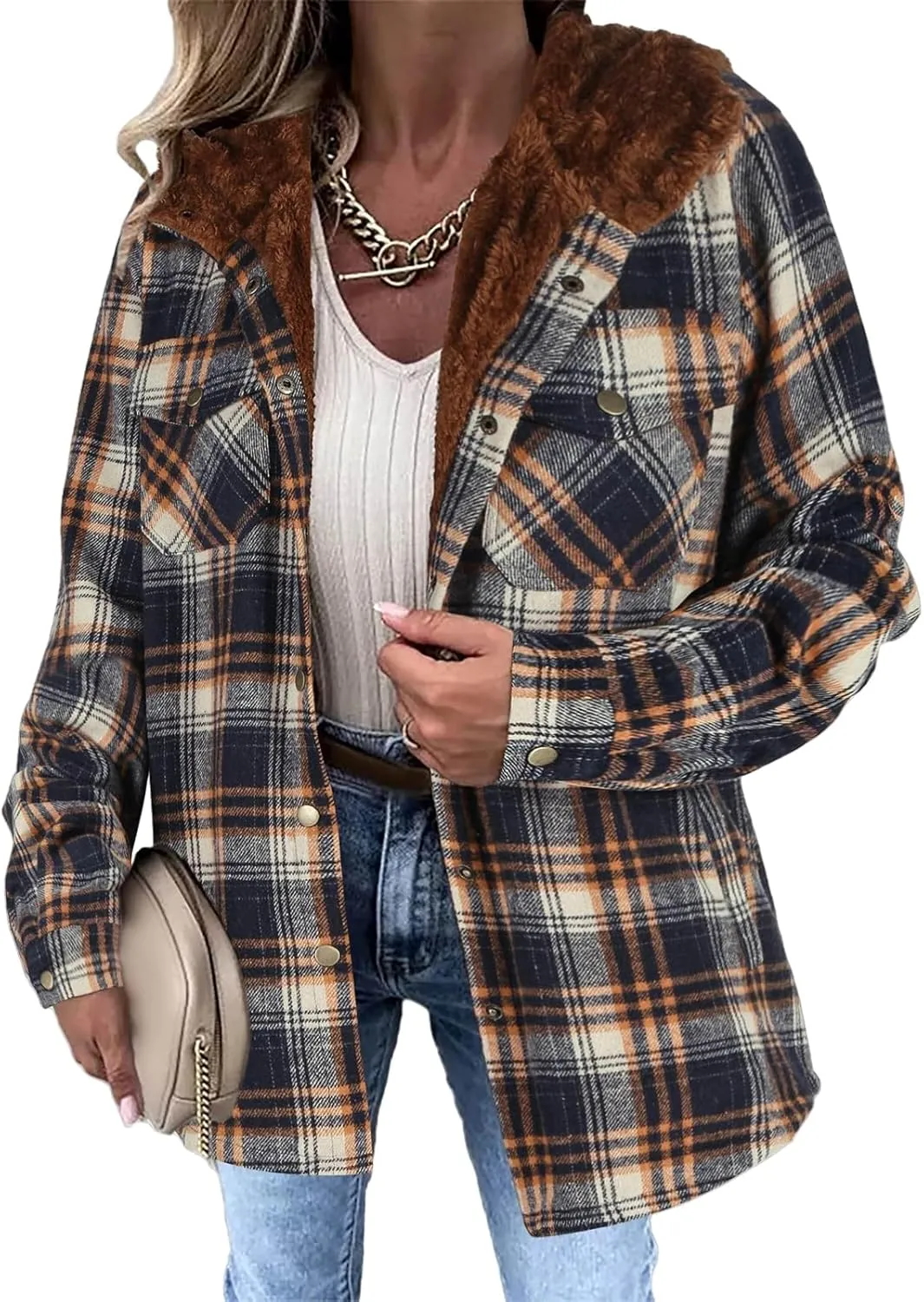 Womens Plaid Shacket Jacket Long Sleeve Button Down Fleece Hooded Jacket Warm Coat Casual Sherpa Fleece Lined Jacket