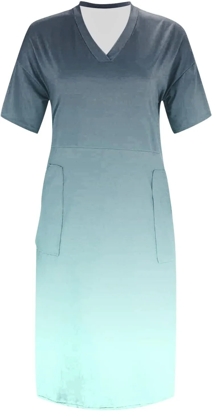 Women's Plus Size Dresses Short Sleeve V Neck Midi Beach Vacation Casual Dress with Pockets for Curvy Women