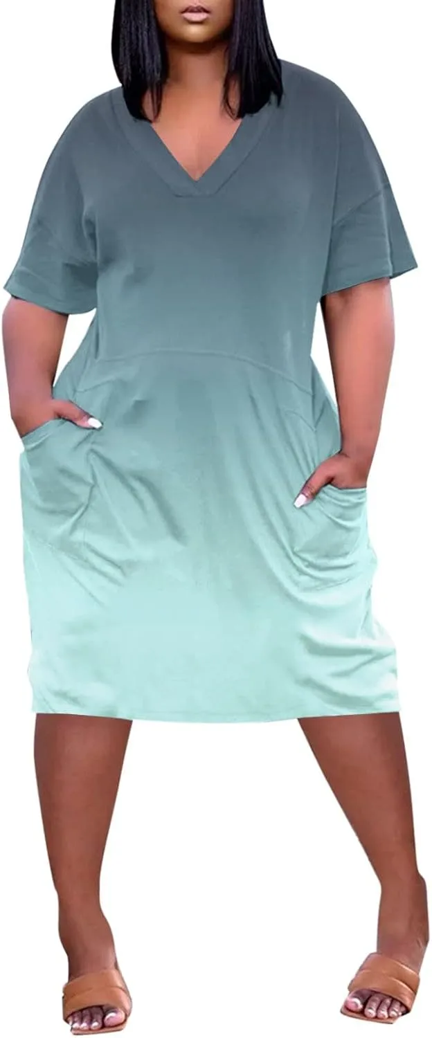 Women's Plus Size Dresses Short Sleeve V Neck Midi Beach Vacation Casual Dress with Pockets for Curvy Women