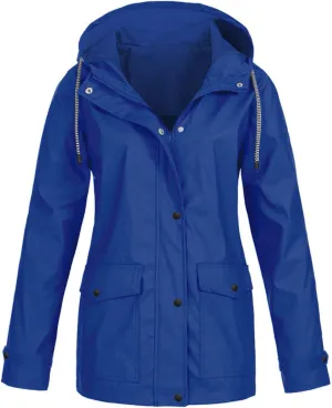 Womens Rain Coat Waterproof Lightweight Hooded Rain Jacket Outdoor Hiking Trench Windbreaker Raincoats With Pockets