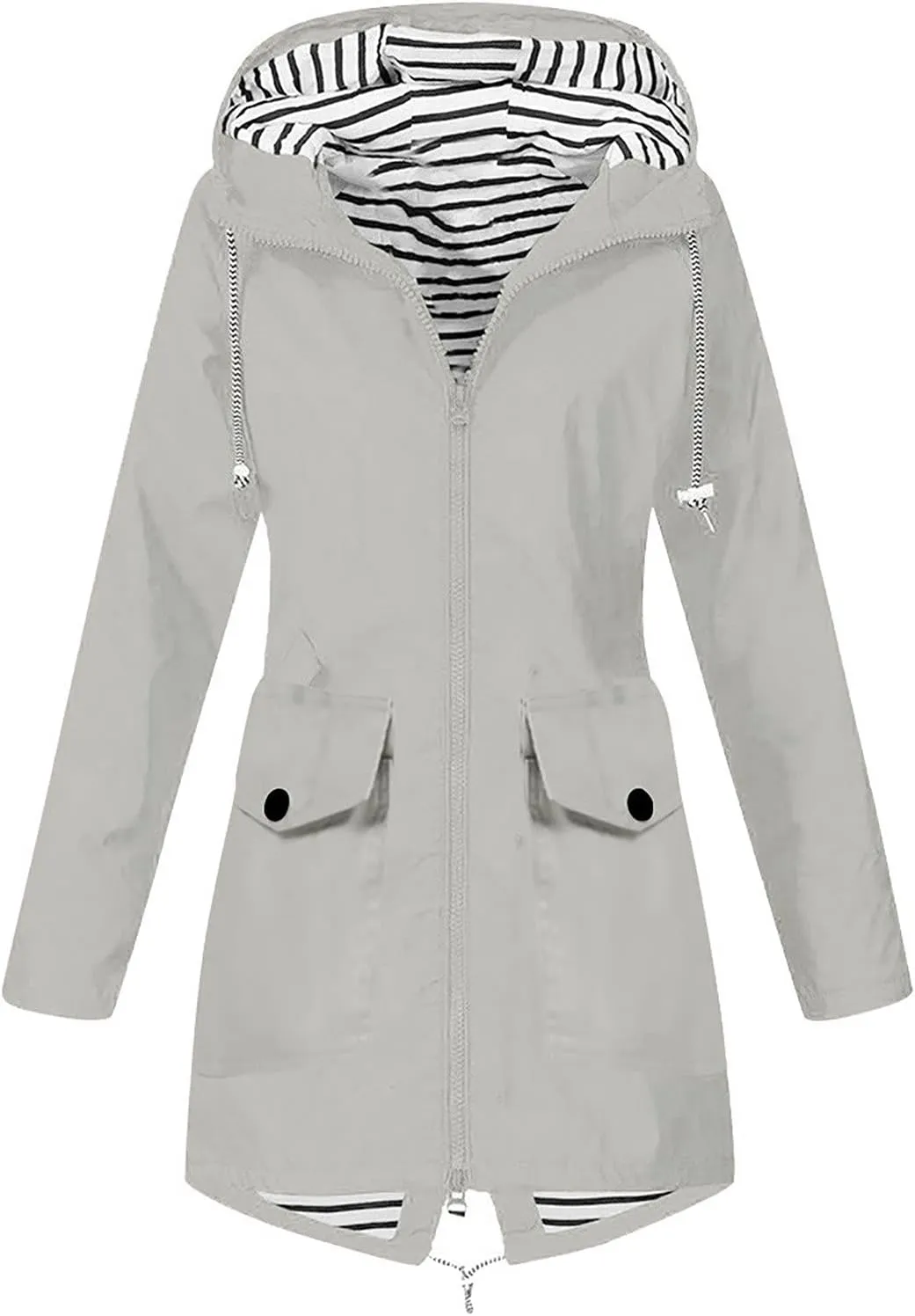 Womens Rain Jacket Waterproof Long Hooded Rain Coats Lightweight Outdoor Windbreaker Button Zip Up Travel Trench Coat