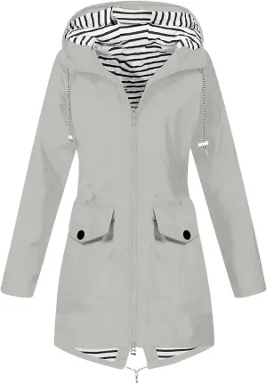 Womens Rain Jacket Waterproof Long Hooded Rain Coats Lightweight Outdoor Windbreaker Button Zip Up Travel Trench Coat