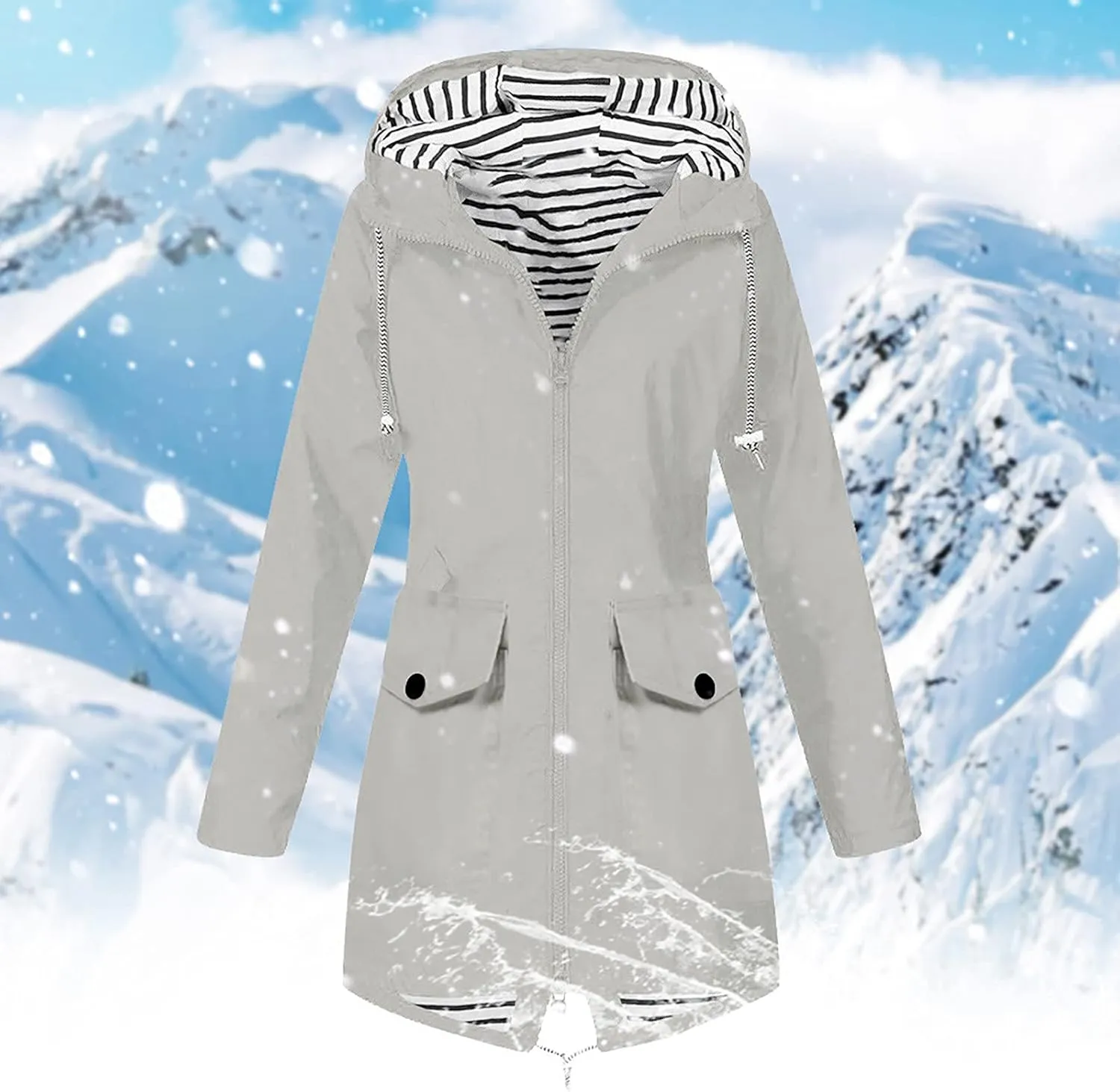 Womens Rain Jacket Waterproof Long Hooded Rain Coats Lightweight Outdoor Windbreaker Button Zip Up Travel Trench Coat
