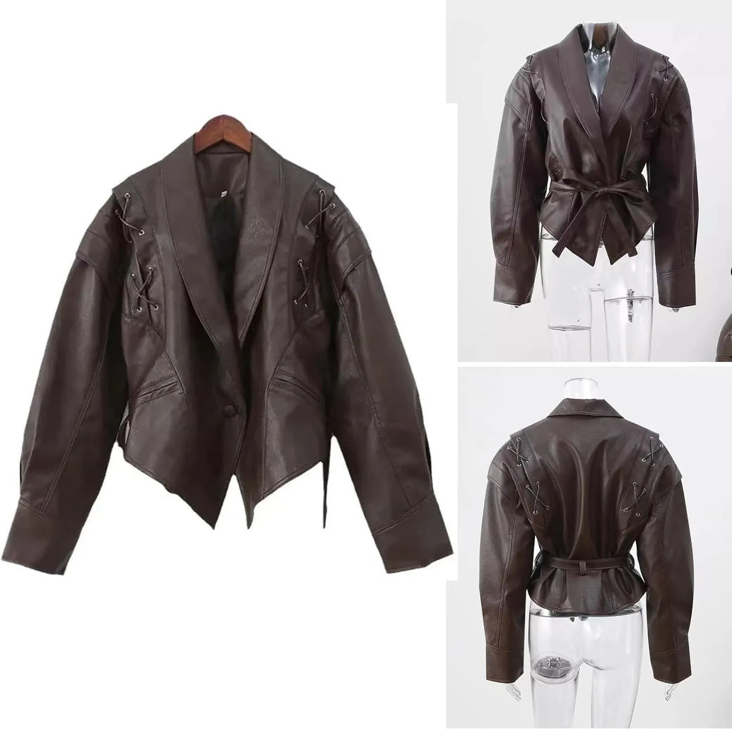 Womens Retro Lapel Faux Leather Jacket Casual Moto Jackets Fall Outfits for Women Bomber Jacket Slim Fit Coat(Brown,Medium)