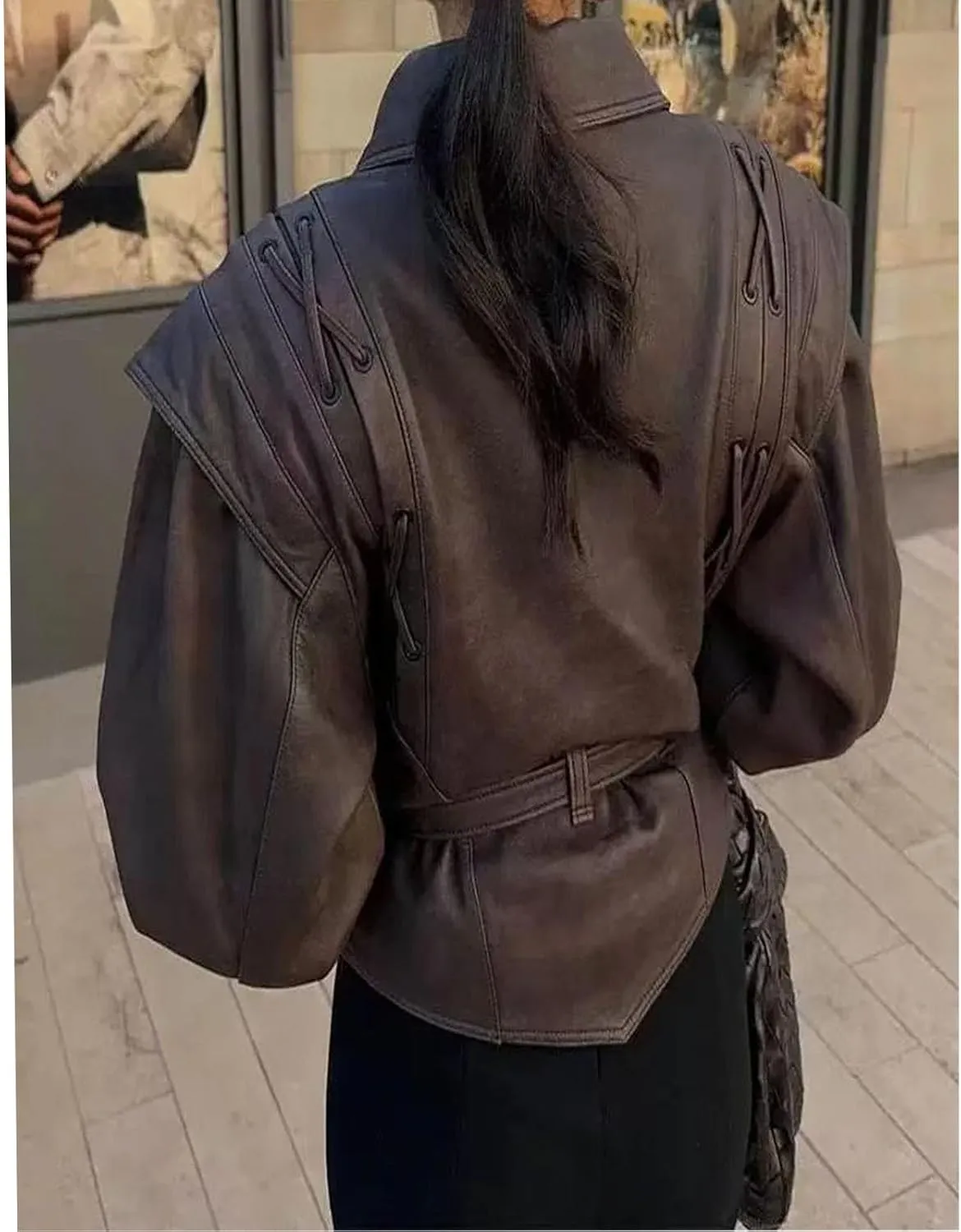 Womens Retro Lapel Faux Leather Jacket Casual Moto Jackets Fall Outfits for Women Bomber Jacket Slim Fit Coat(Brown,Medium)