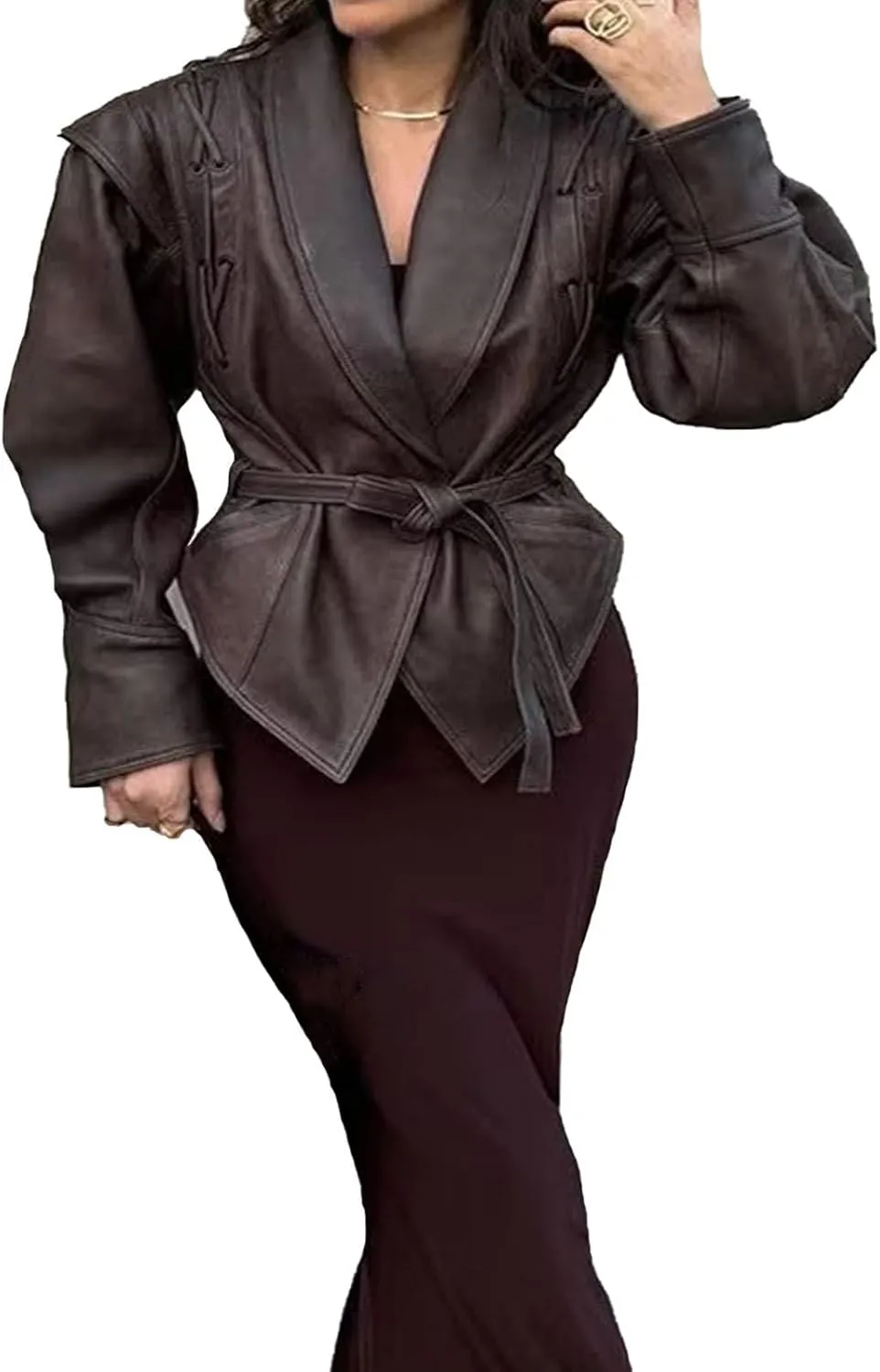 Womens Retro Lapel Faux Leather Jacket Casual Moto Jackets Fall Outfits for Women Bomber Jacket Slim Fit Coat(Brown,Medium)