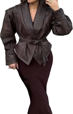 Womens Retro Lapel Faux Leather Jacket Casual Moto Jackets Fall Outfits for Women Bomber Jacket Slim Fit Coat(Brown,Medium)