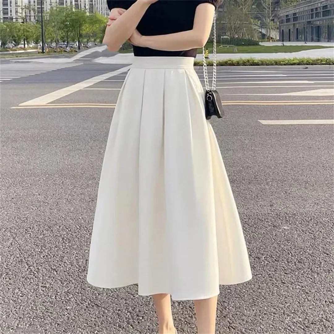 Women's Retro Loose Casual Women Solid Color Pleated Skirts