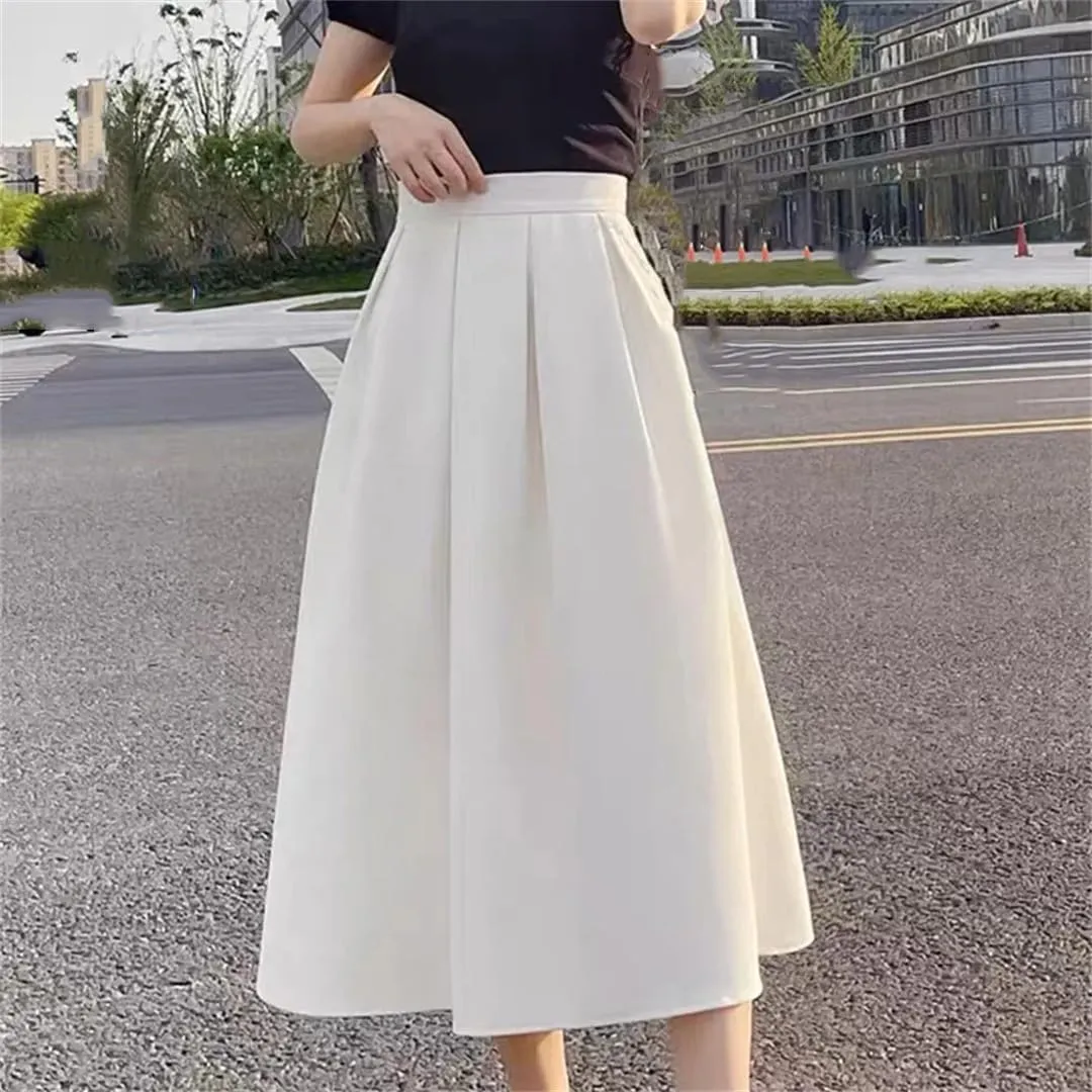 Women's Retro Loose Casual Women Solid Color Pleated Skirts
