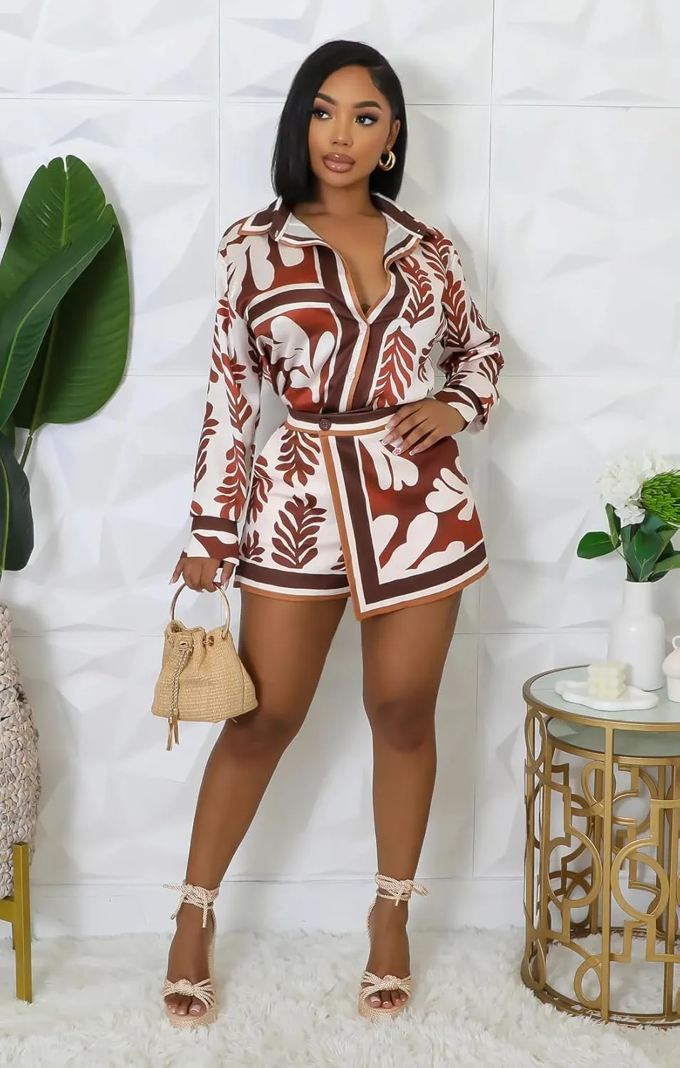 Women's Satin Skort Set Printed Long Sleeve Casual Loose 2 Piece Outfit for Fashionable Looks