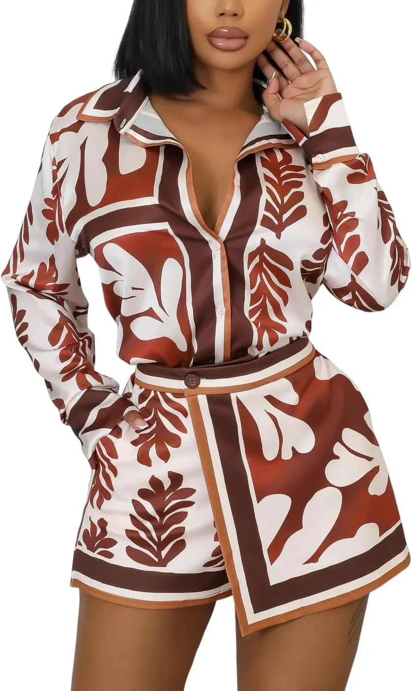 Women's Satin Skort Set Printed Long Sleeve Casual Loose 2 Piece Outfit for Fashionable Looks