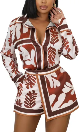 Women's Satin Skort Set Printed Long Sleeve Casual Loose 2 Piece Outfit for Fashionable Looks