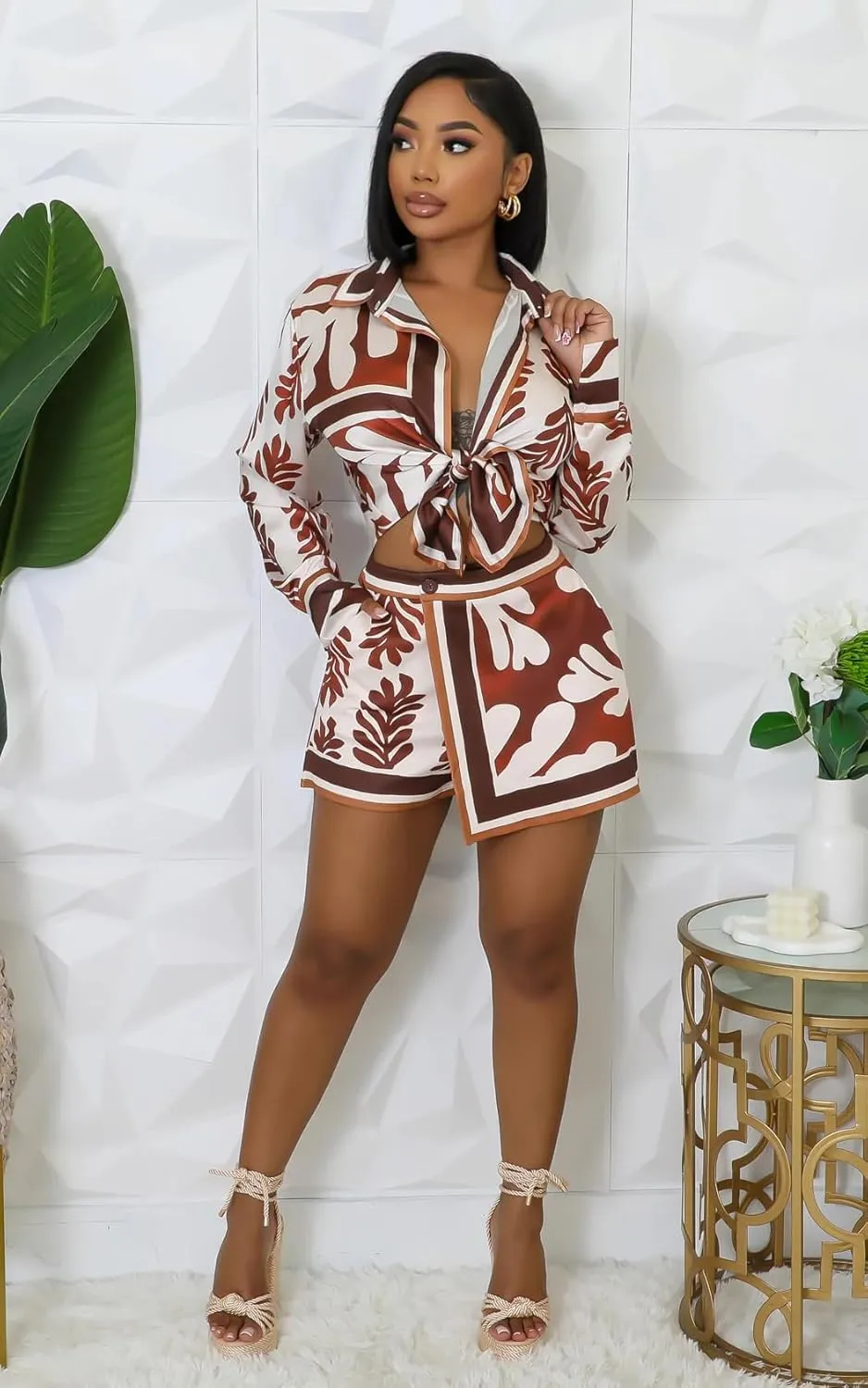 Women's Satin Skort Set Printed Long Sleeve Casual Loose 2 Piece Outfit for Fashionable Looks