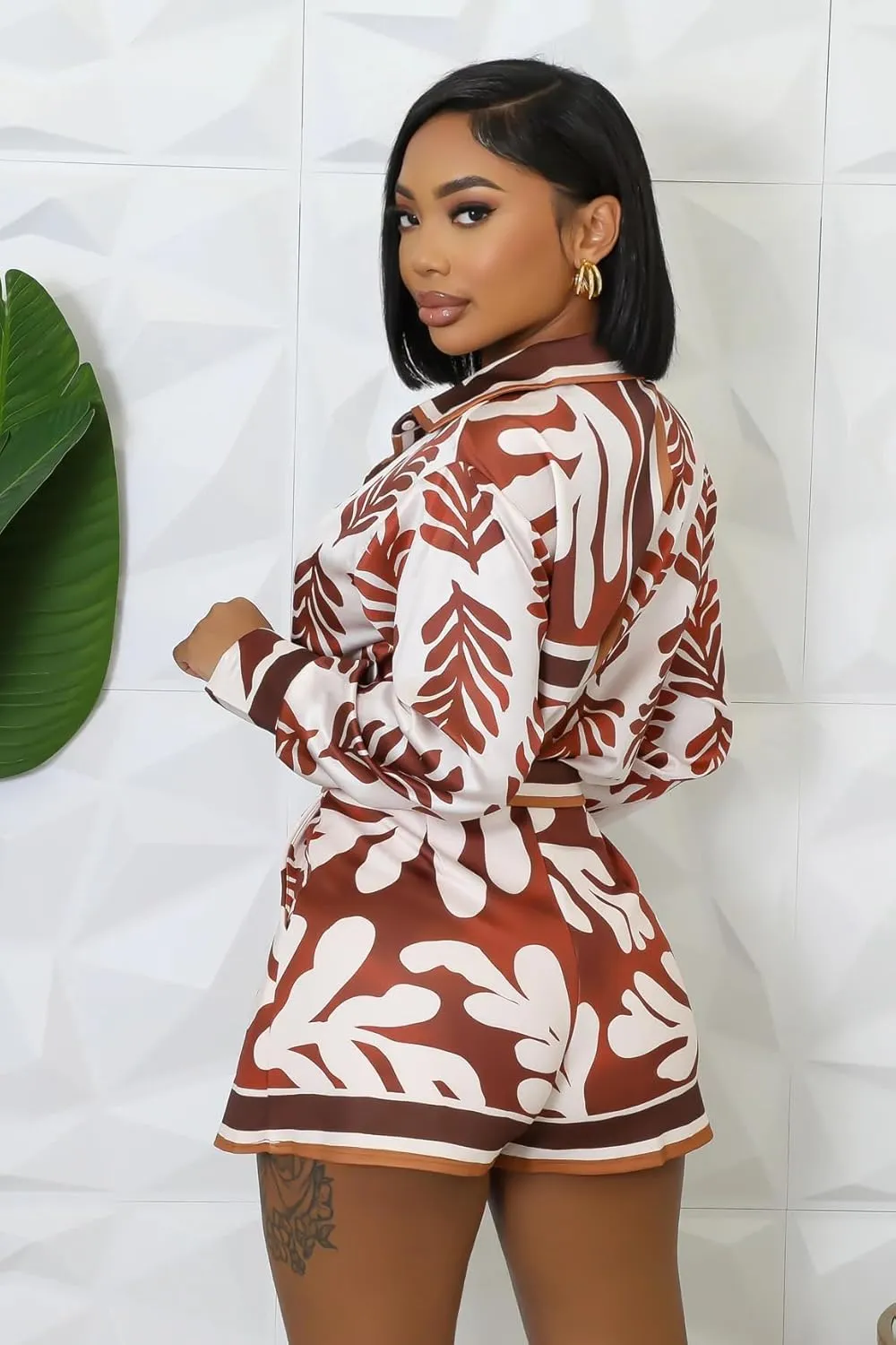 Women's Satin Skort Set Printed Long Sleeve Casual Loose 2 Piece Outfit for Fashionable Looks