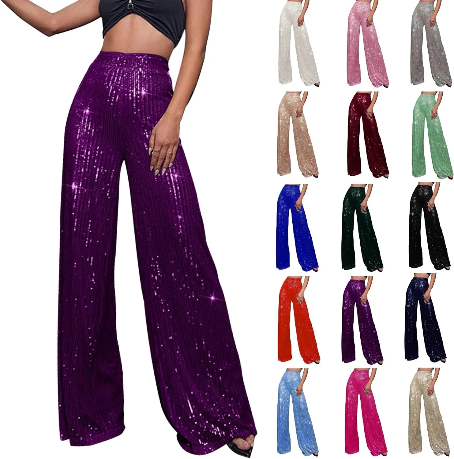 Womens Sequin Pants High Waist Wide Leg Sparkle Glitter Trousers Bell Bottom Night Out Clubwear Shiny Pants