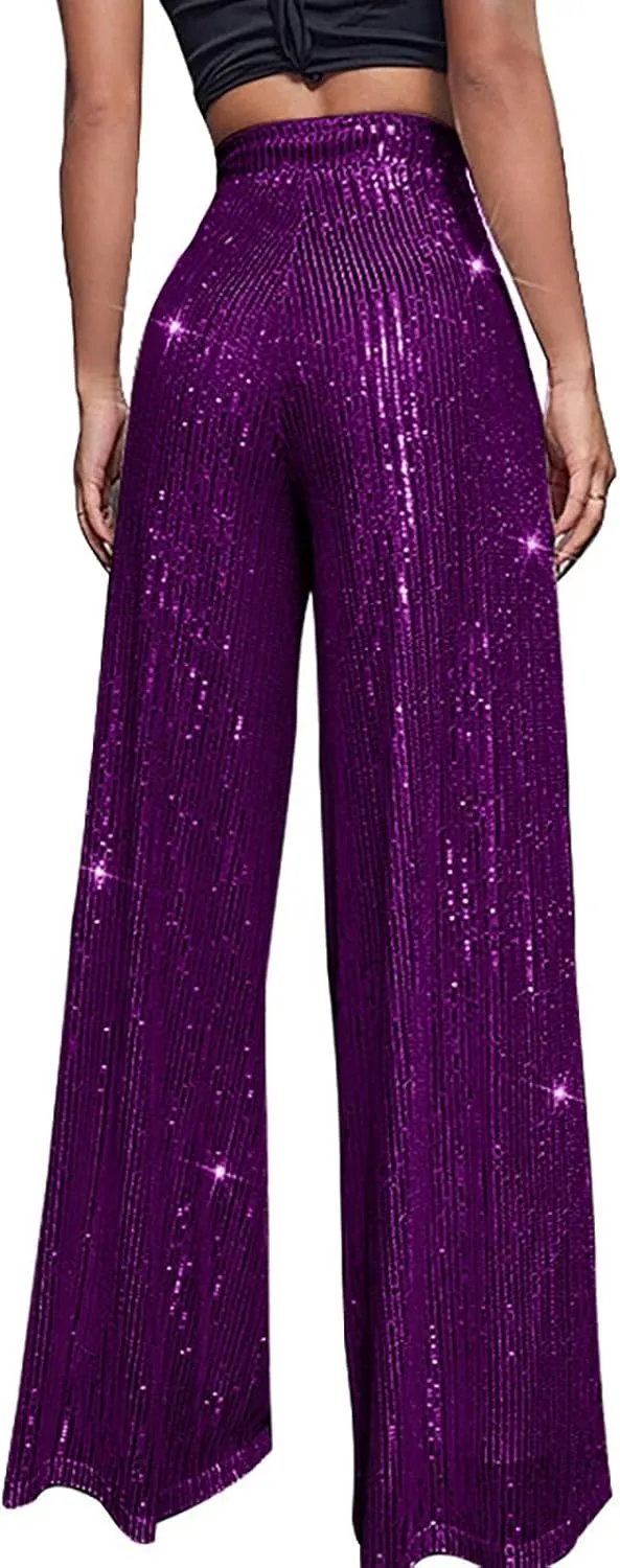 Womens Sequin Pants High Waist Wide Leg Sparkle Glitter Trousers Bell Bottom Night Out Clubwear Shiny Pants