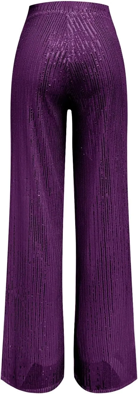 Womens Sequin Pants High Waist Wide Leg Sparkle Glitter Trousers Bell Bottom Night Out Clubwear Shiny Pants
