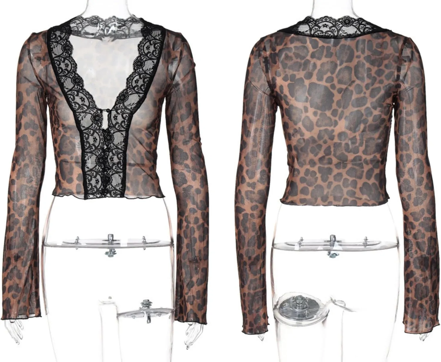 Women's Sheer Mesh Leopard Print Crop Top T Shirt Sexy Lace Deep V Neck Blouse Long Flare Sleeve Slim Tee Shirt