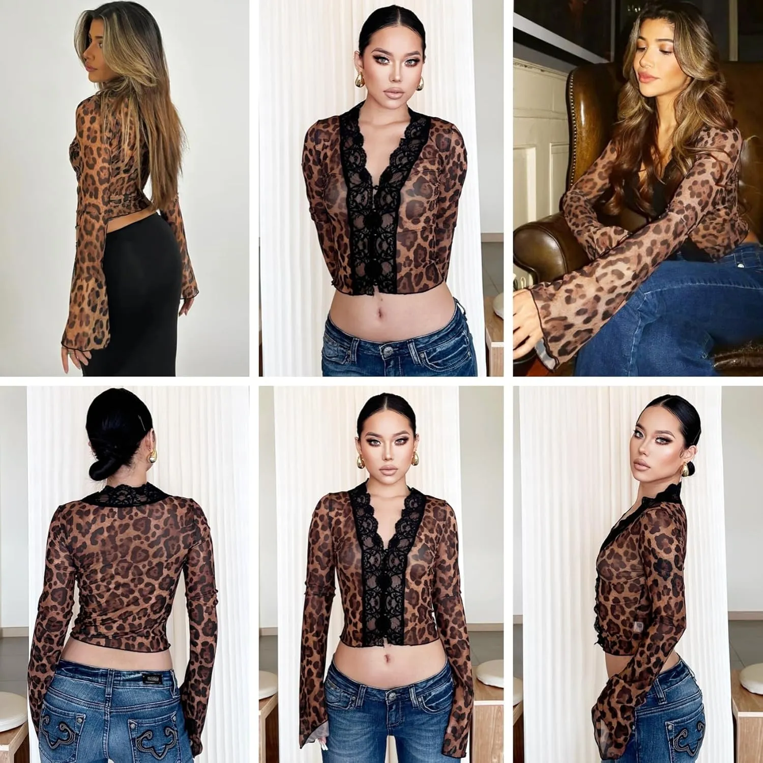 Women's Sheer Mesh Leopard Print Crop Top T Shirt Sexy Lace Deep V Neck Blouse Long Flare Sleeve Slim Tee Shirt