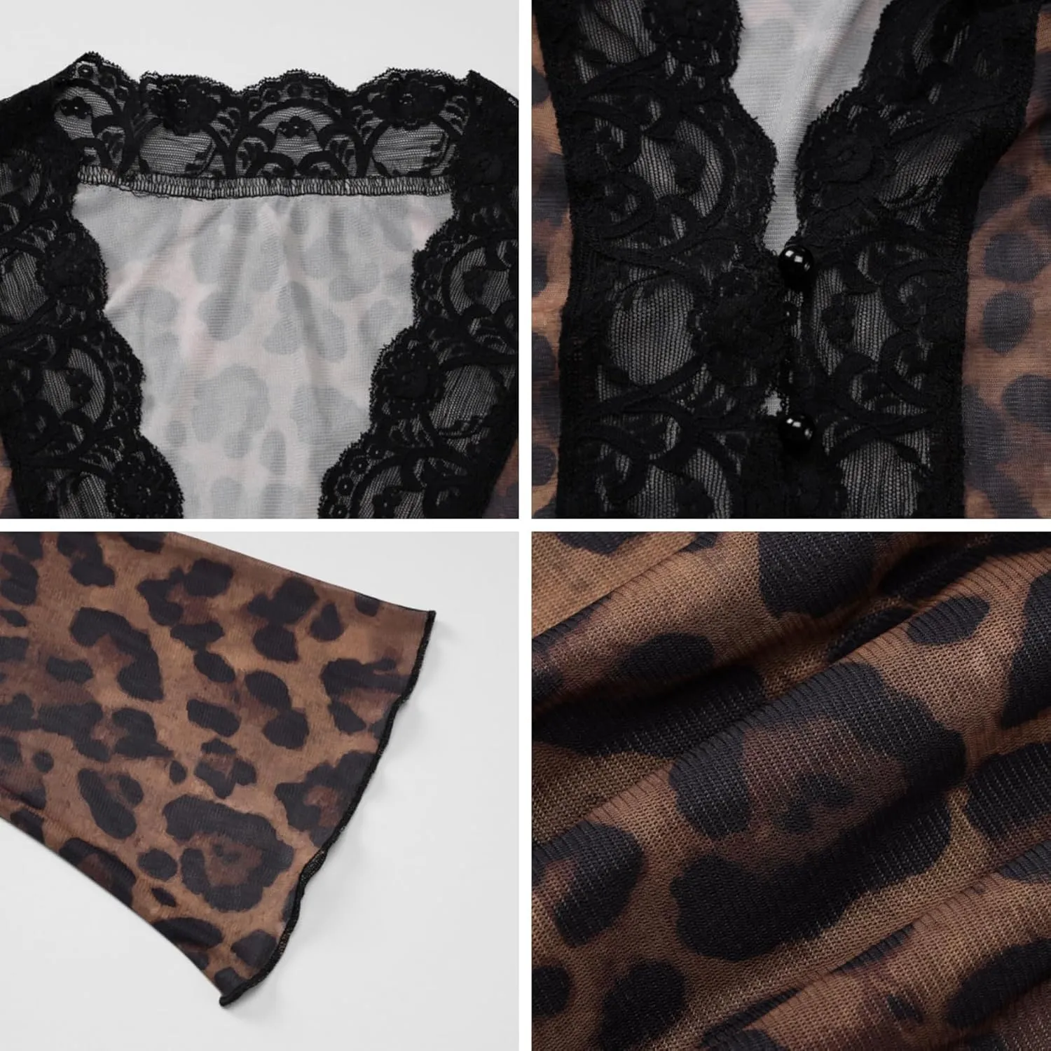 Women's Sheer Mesh Leopard Print Crop Top T Shirt Sexy Lace Deep V Neck Blouse Long Flare Sleeve Slim Tee Shirt