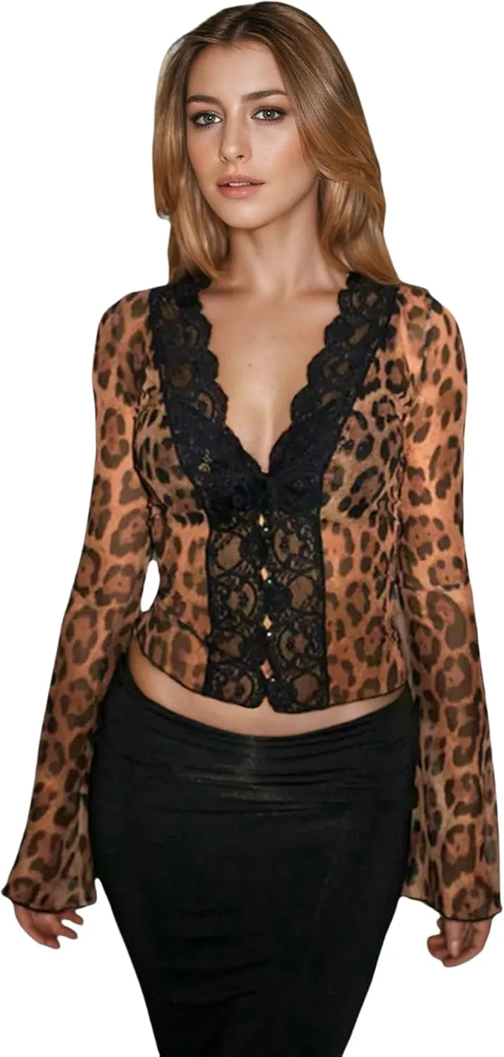 Women's Sheer Mesh Leopard Print Crop Top T Shirt Sexy Lace Deep V Neck Blouse Long Flare Sleeve Slim Tee Shirt