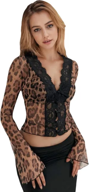 Women's Sheer Mesh Leopard Print Crop Top T Shirt Sexy Lace Deep V Neck Blouse Long Flare Sleeve Slim Tee Shirt