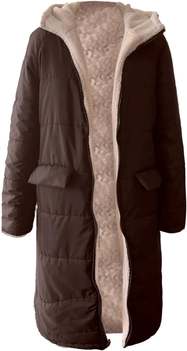 Womens Sherpa Wool Lined Puffer Jacket Double Faced Long Sleeve Hooded Down Jacket Thickened Thermal Long Overcoat