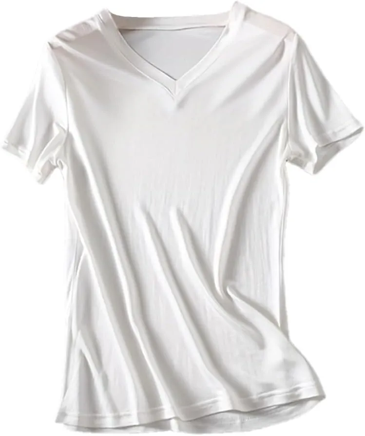 Womens Silk T Shirt Short Sleeve V-Neck Top Undershirt Breathable Mulberry Silk Tee Basic Tops