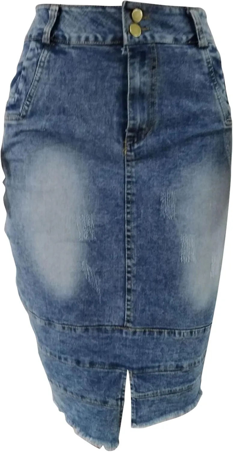 Women's Slit Midi Denim Skirt Distressed Ripped Stretch Jean Midi Length Skirts Slim Fit Bodycon Long Pencil Skirt