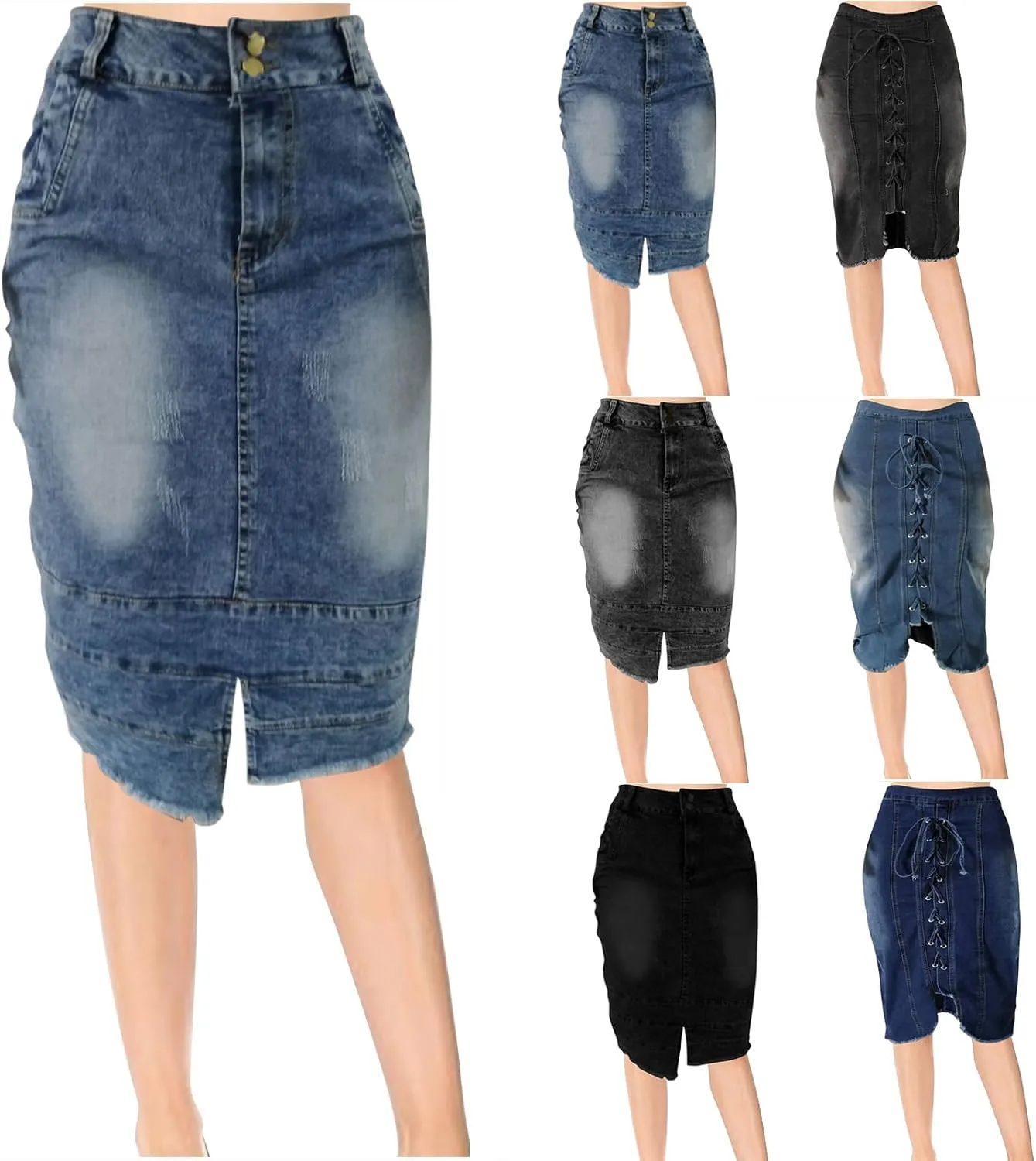Women's Slit Midi Denim Skirt Distressed Ripped Stretch Jean Midi Length Skirts Slim Fit Bodycon Long Pencil Skirt