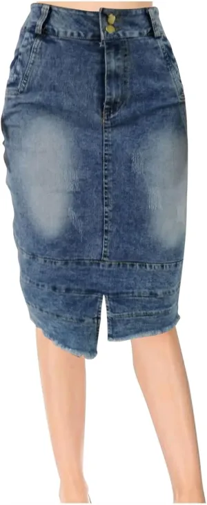 Women's Slit Midi Denim Skirt Distressed Ripped Stretch Jean Midi Length Skirts Slim Fit Bodycon Long Pencil Skirt