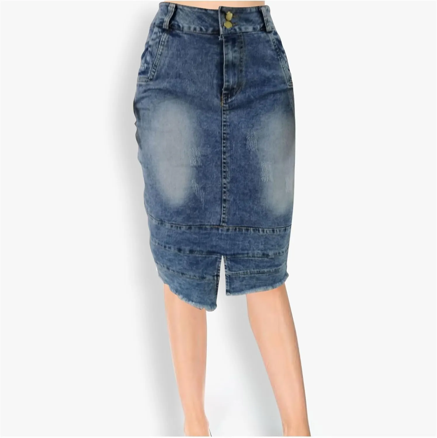 Women's Slit Midi Denim Skirt Distressed Ripped Stretch Jean Midi Length Skirts Slim Fit Bodycon Long Pencil Skirt