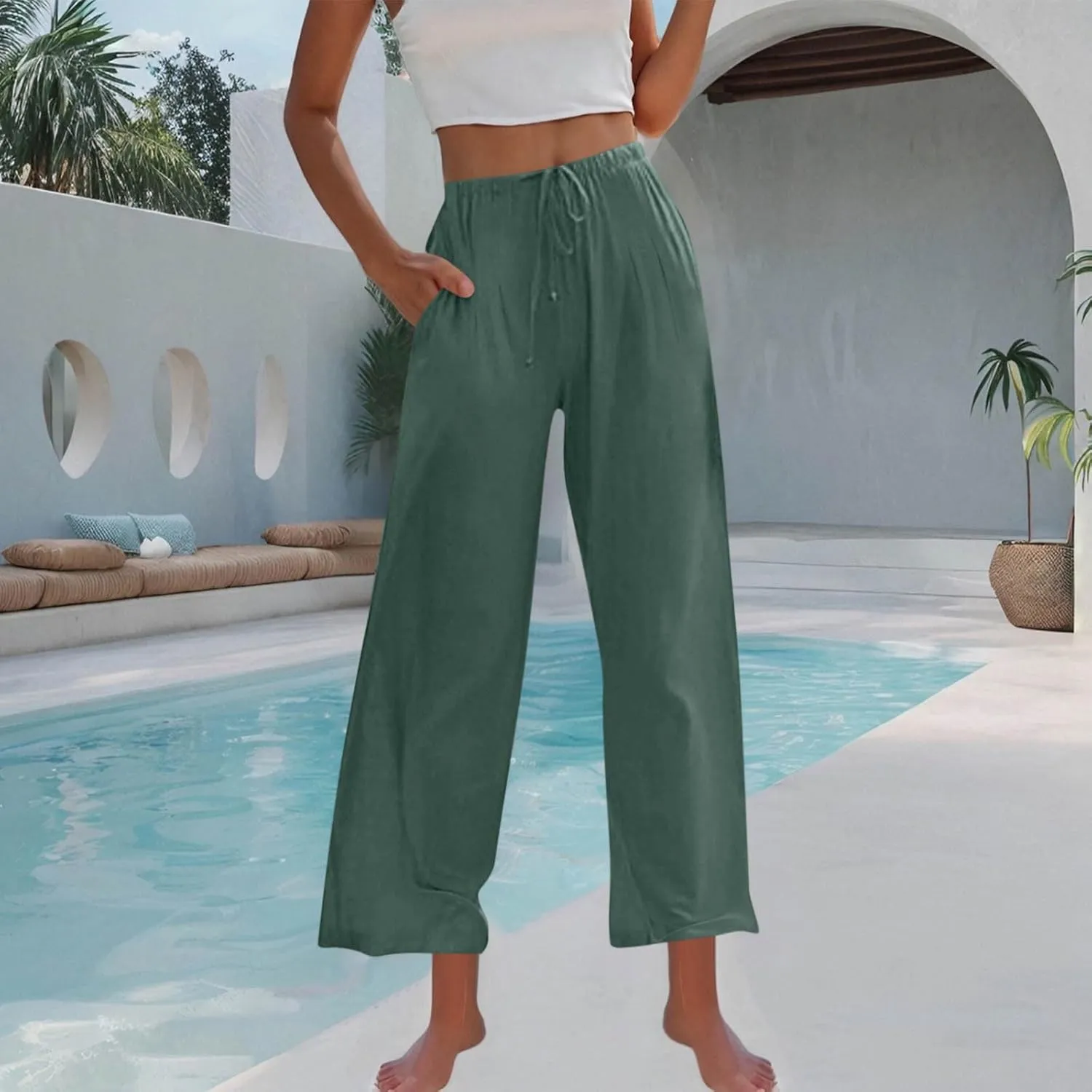 Women's Summer Cotton Linen Pants Flowy Wide Leg Beach Palazzo Pant Casual Lightweight Boho Trousers with Pockets