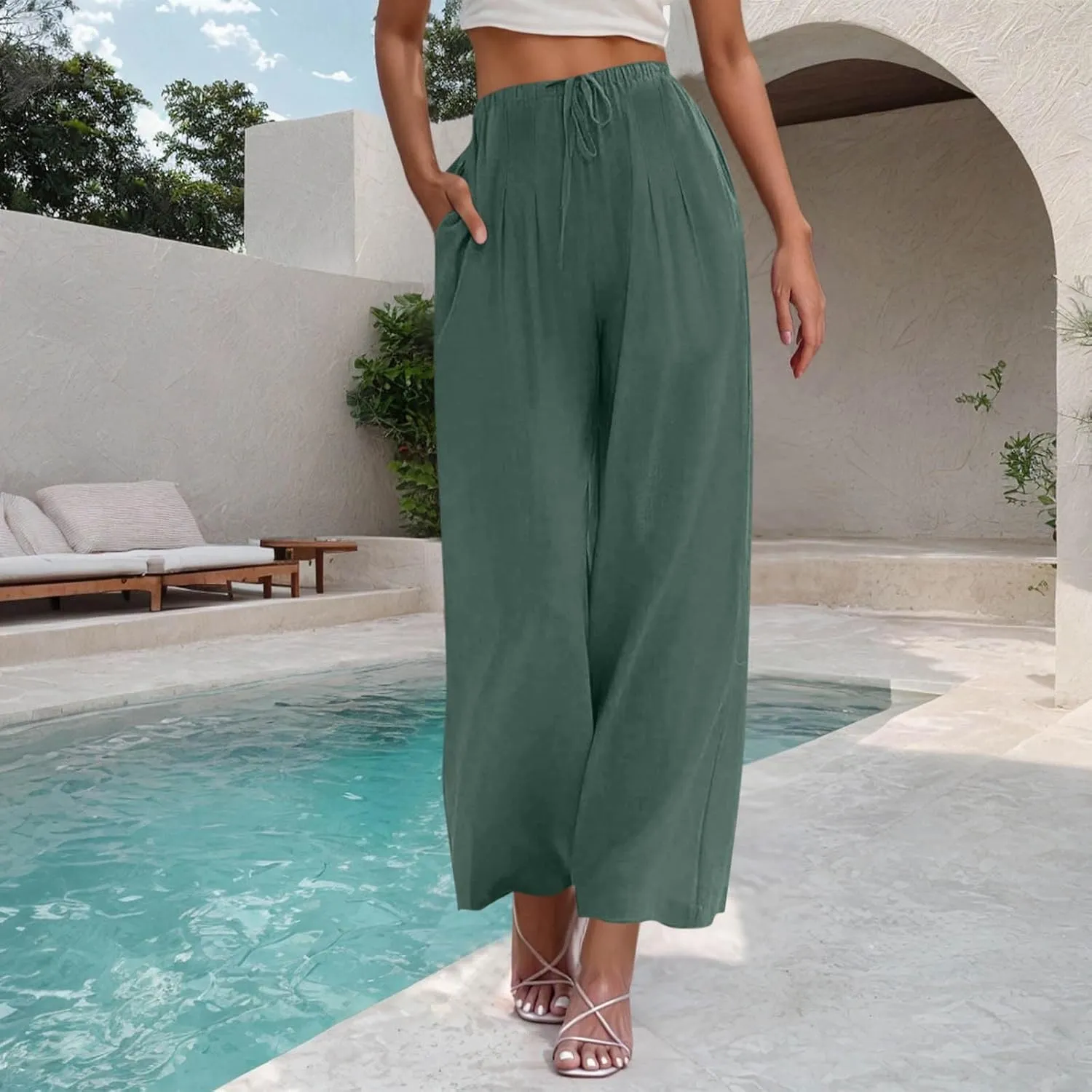 Women's Summer Cotton Linen Pants Flowy Wide Leg Beach Palazzo Pant Casual Lightweight Boho Trousers with Pockets
