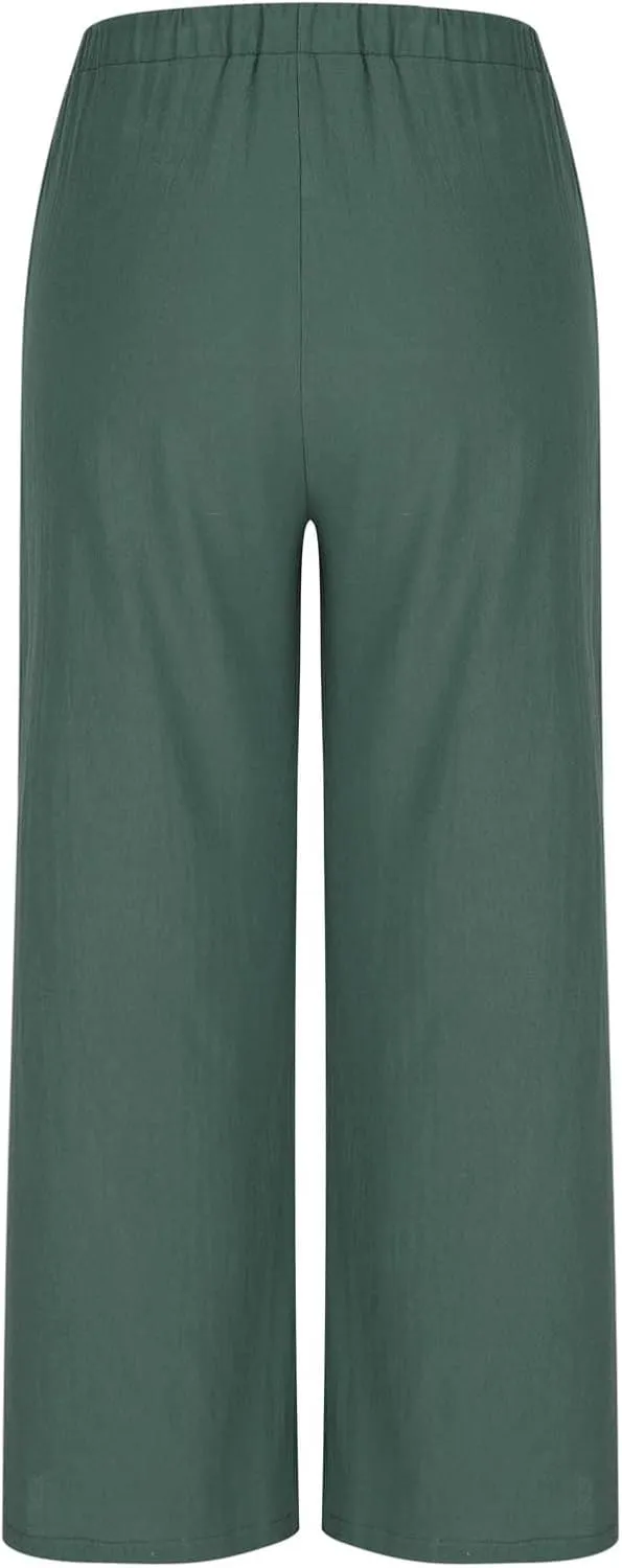 Women's Summer Cotton Linen Pants Flowy Wide Leg Beach Palazzo Pant Casual Lightweight Boho Trousers with Pockets