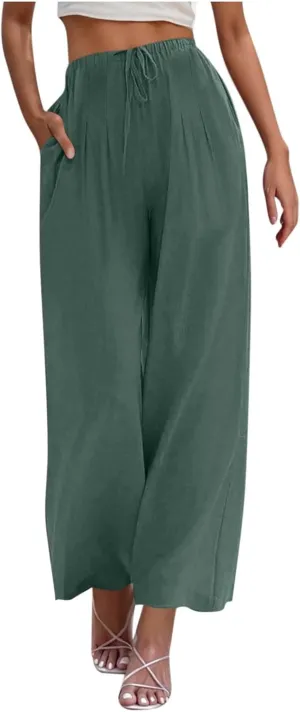 Women's Summer Cotton Linen Pants Flowy Wide Leg Beach Palazzo Pant Casual Lightweight Boho Trousers with Pockets