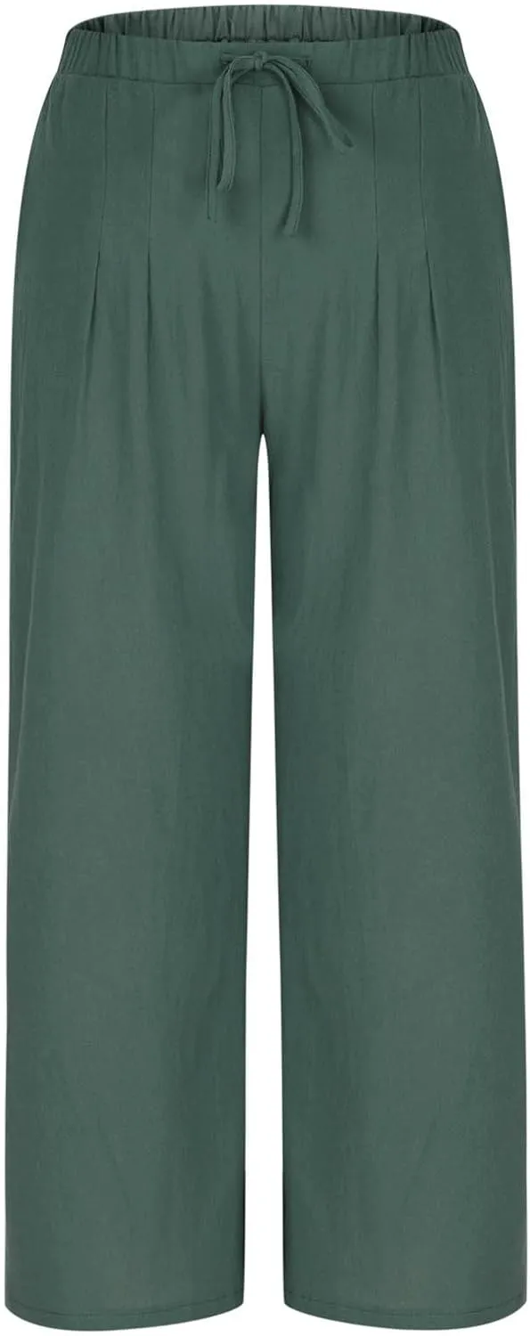 Women's Summer Cotton Linen Pants Flowy Wide Leg Beach Palazzo Pant Casual Lightweight Boho Trousers with Pockets