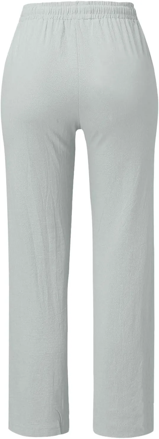 Womens Summer Fashion Linen Cotton Pants Straight Wide Leg Drawstring Long Pants Lounge Beach Trousers Outfits