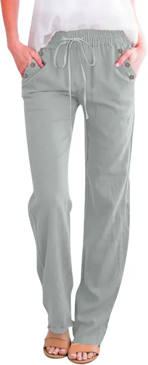 Womens Summer Fashion Linen Cotton Pants Straight Wide Leg Drawstring Long Pants Lounge Beach Trousers Outfits