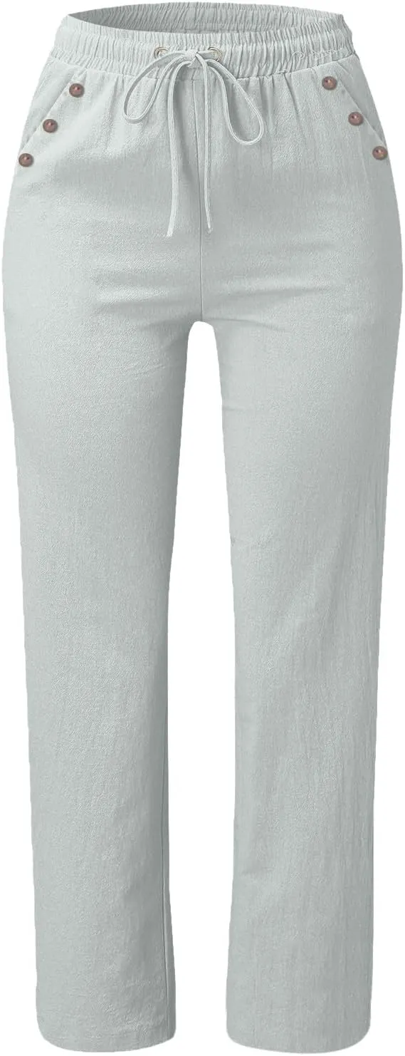 Womens Summer Fashion Linen Cotton Pants Straight Wide Leg Drawstring Long Pants Lounge Beach Trousers Outfits