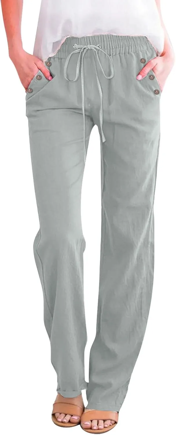 Womens Summer Fashion Linen Cotton Pants Straight Wide Leg Drawstring Long Pants Lounge Beach Trousers Outfits