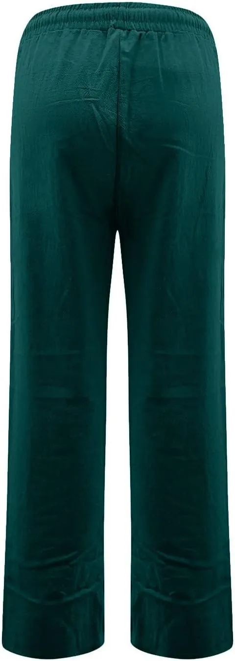Women's Summer Fashion Linen Pants Loose Fit High Waisted Business Casual Pants Wide Leg Trouser Pants with Pockets